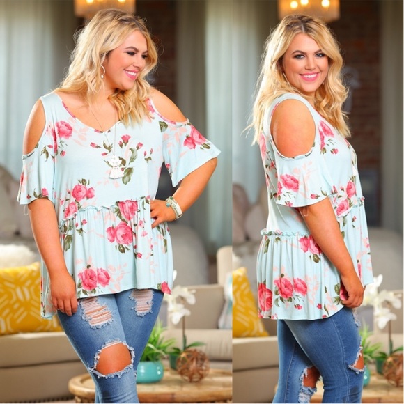 PLUS Mint Cold Shoulder Floral Tunic - Picture 2 of 2